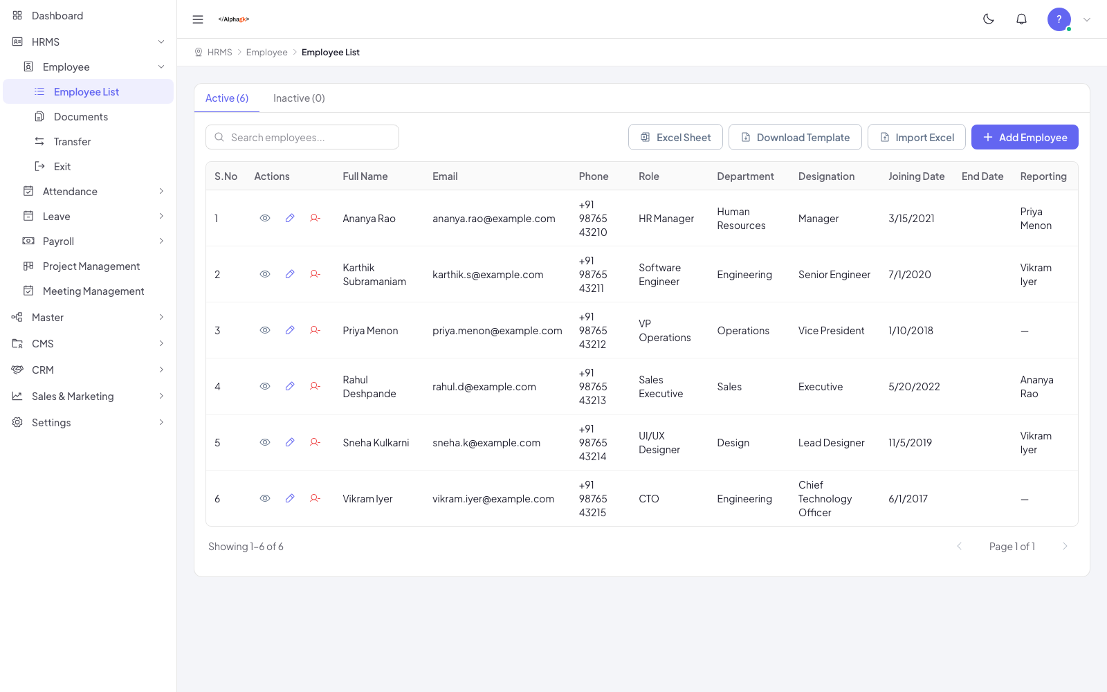 Employee list screen in the Alphagk HRMS module